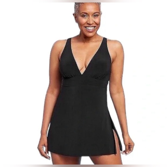 Aquagreen Black Swimdress One Piece SZ L 12/14 one side slit vacay beach  NWT - Picture 3 of 11